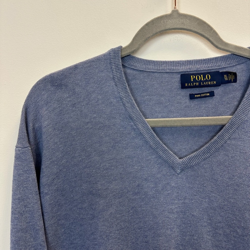 Polo PRL Pima Cotton XL V-Neck Lightweight Sweater Blue Embroidered Pony
